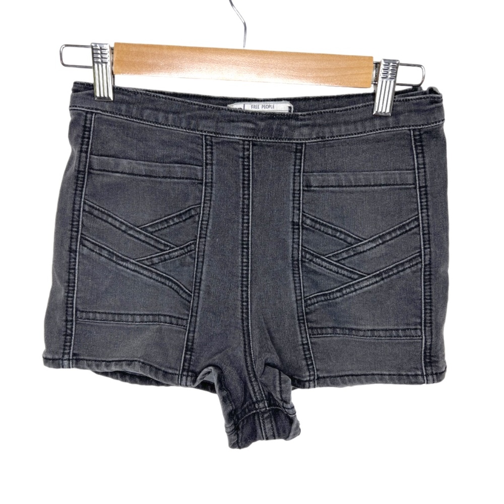 Free People | Faded Black Stretch Denim Shorts Side Zipper 26